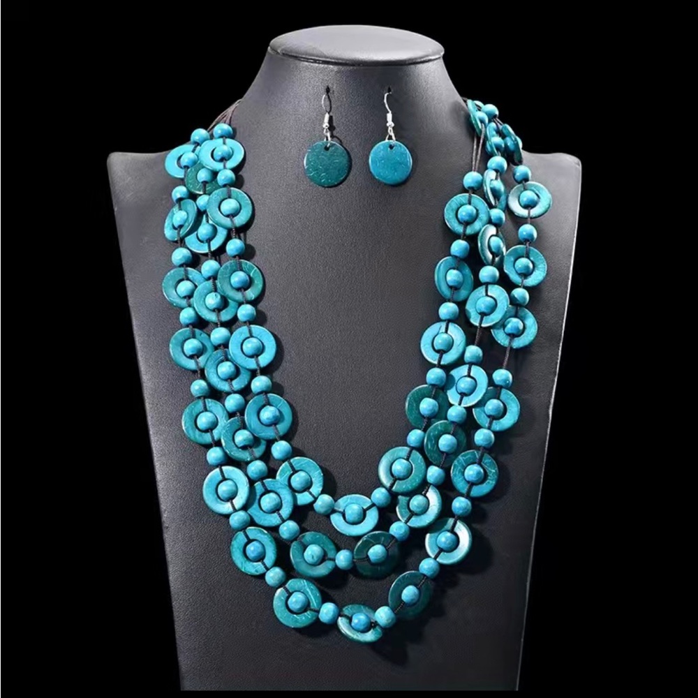 Handmade Colorful Coconut Shell and rice beads necklace with earrings!